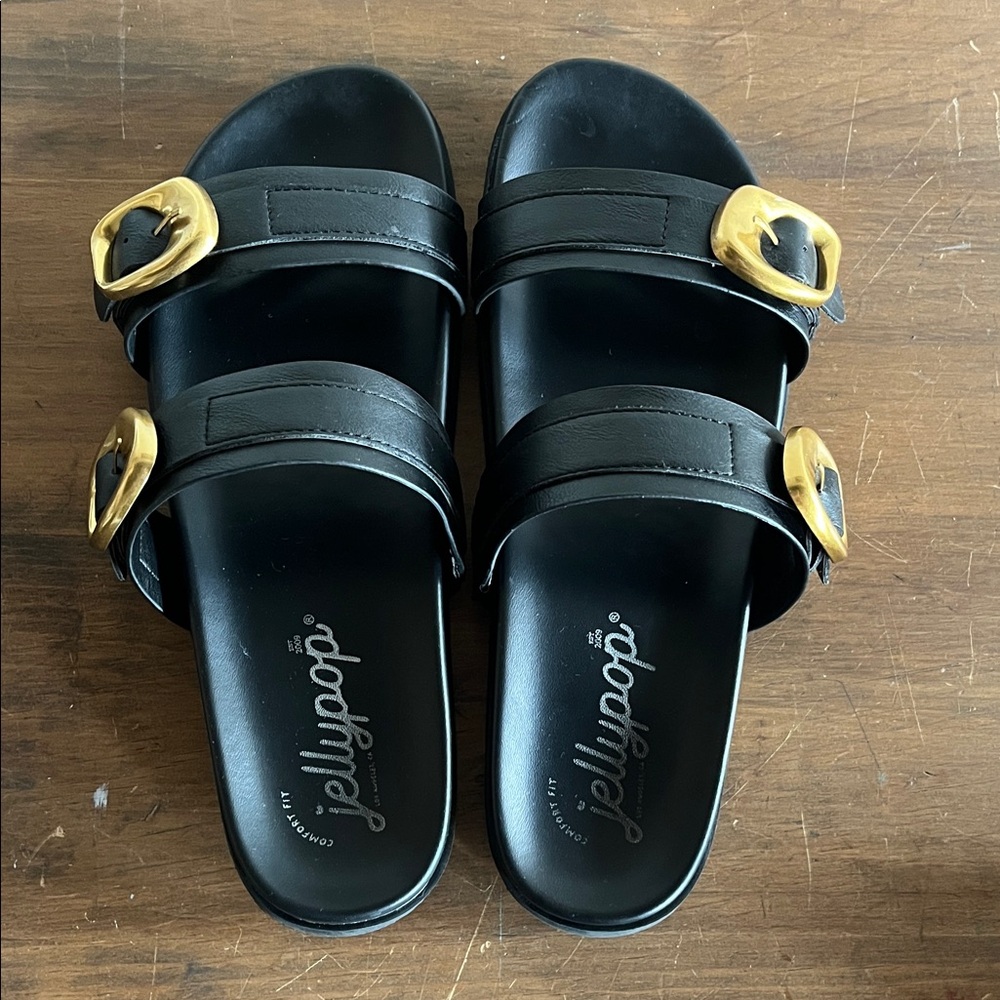 💫Jellypop brand Black Double-Strap Sandal Slides with Modern Gold Buckles💫 - Picture 2 of 9